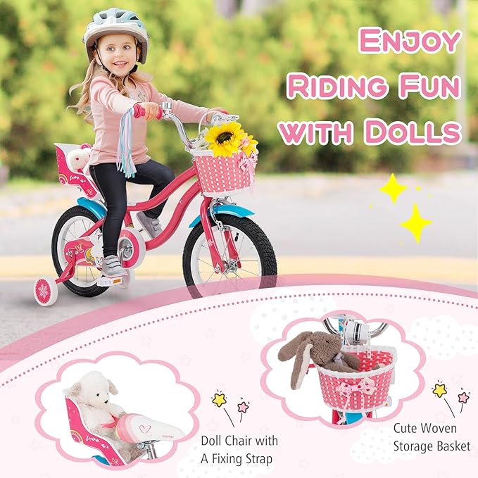 BABY JOY Kids Bike, 12 14 16 18 Inch Children Bicycle w/Detachable Training Wheels, Storage Basket, Adjustable Seat & Handlebar, Bow or Streamer, Girls Bike for 3-8 Years Old