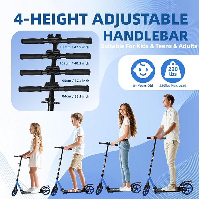 FREEDARE Kick Scooter for Kids & Adults Ages 8+, Foldable Teen Scooter with 2 Big 8-inch Wheels and 4-Level Adjustable Handlebar, Max Load 220 LBS