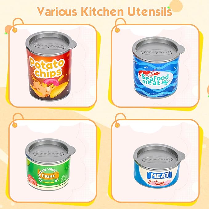 118Pcs Mini Play Kitchen Accessories for Kids, Pretend Cooking Playset with Cookware, Tableware & 2 Fruit Sets, Learning Gift for Girls, Boys, Toddlers, Yellow