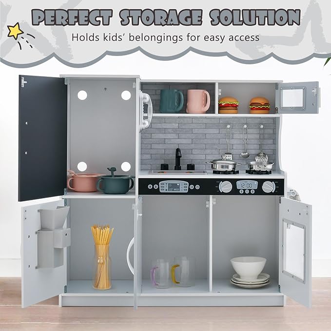 Costzon Kids Kitchen Playset, Wooden Pretend Cooking Toy Set w/Realistic Sound, Large Blackboard, Telephone, Microwave, Ice Maker, Dishwasher, Oven, Storage Space, Play Kitchen for Kids Ages 3+ (Grey)