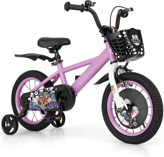 BABY JOY Rabbit Pilot Sporty Kids Bike, 12 14 16 18 Inch Child Bike for 3-8 Years Old with Adjustable Height, Training Wheels, Storage Basket, Handbrake & Coaster Brake, Kids Bicycle for Girls Boys