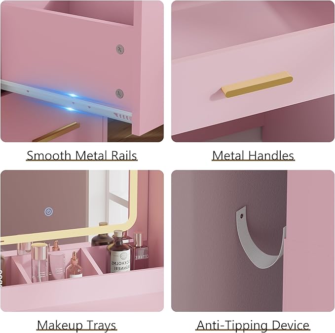 43'' Makeup Vanity with Mirror and Lights, Pink Vanity Desk with 7 Drawers & Charging Station, 3 Lighting Modes & Adjustable Brightness, Cushioned Stool, Dressing Table for Girls, Women, Teens