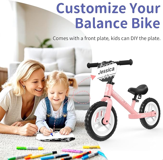 BELEEV C2 Toddler Balance Bike for 2-5 Year Olds with LED Light-Up Wheels, Adjustable Seat & Handlebar & Footrest, 12 inch No-Pedal Training Kids Push Bicycle - First Birthday Gift for Boys & Girls