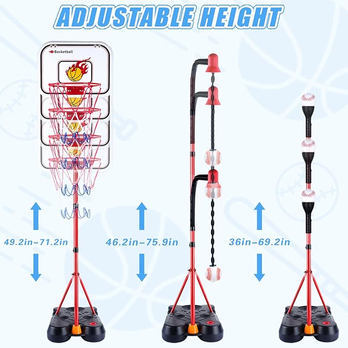 SIOTMERA 4 in 1 Kids Basketball Hoop and T Ball Set, Adjustable Height Toddler Basketball Hoop with Hanging Tee Baseball, Outdoor Indoor Toys Gifts for Boys Girls Ages 3-8