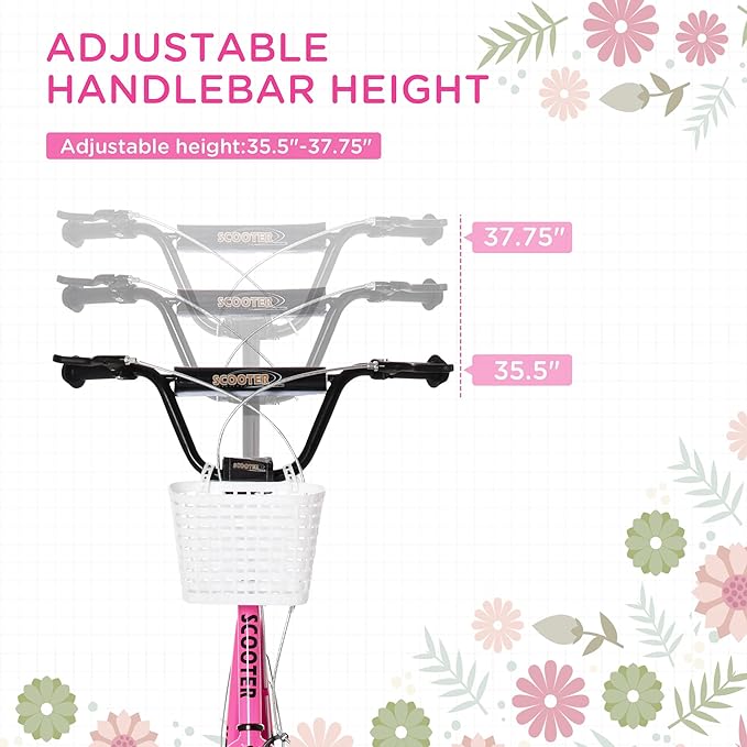 Aosom Youth Scooter, Kick Scooter with Adjustable Handlebars, Double Brakes, 16" Inflatable Rubber Tires, Basket, Cupholder