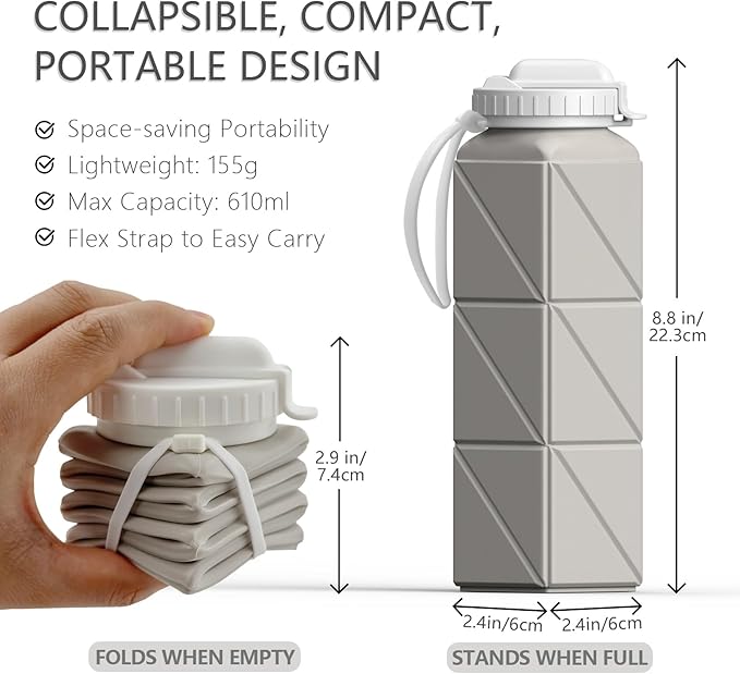 Collapsible Water Bottles with Straw 20.6oz, Silicone Foldable Portable Water Bottle, Lightweight Reusable Leakproof for Travel Camping Hiking Cycling Yoga Sports, 1 Pack (Starlight)