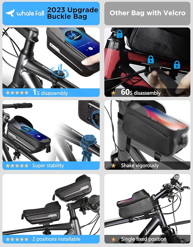whale fall Quick Release Bike Frame Bag with Hard Shell, Waterproof Phone Mount with 0.25mm Touchscreen, Detachable Cycling Bag for Phones up to 6.9", Fits Road & Mountain Bikes