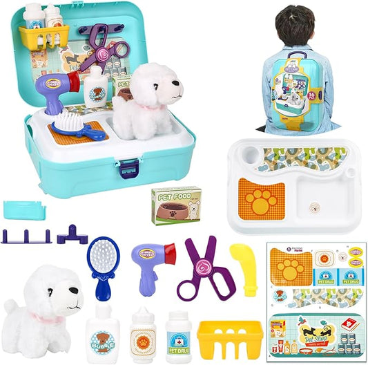 Pet Care Play Set for Kids, 16Pcs Doctor Kit Pretend Play Vet Puppy Dog Grooming & Feeding Toys with Backpack, Educational Toys for Girls and Boys 3-7 Years Old