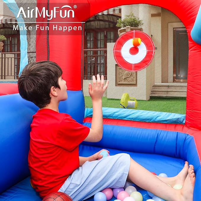 AirMyFun Inflatable Bounce House, Bouncy House with Slide,Indoor Outdoor Bounce House with Ball Pit,Basketball Hoop,Target Balls and Boxing,Inflatable Bouncer for Party