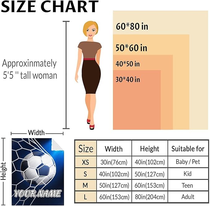 Personalized Soccer Blanket for Boys and Girls - 30x40 Inches Lap Size - Soft Fuzzy Cozy Throws Gift for Soccer Team - Blue Sports Throw Blanket for Couch, Living Room & Office