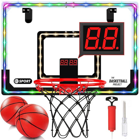 Extra Large 26" x 17" Pro Indoor Basketball Hoop Over The Door with LED Lighting Electronic Scoreboard, Mini Basketball Hoop for Kids, for Boys Girls Teens Adults B&R