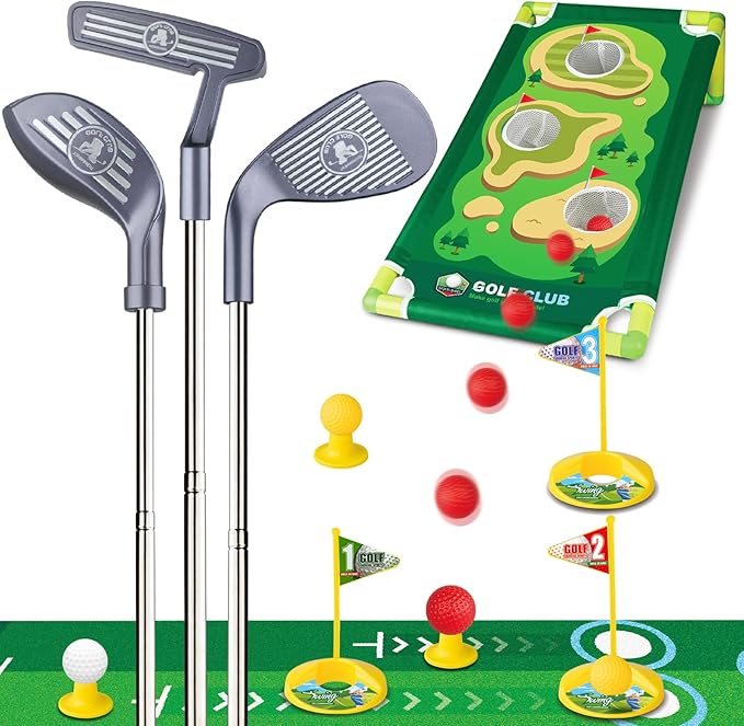 Liberry Kids Golf Club Set for 3 4 5 6 Years Old Boys Girls, Adjustable Toddler Golf Set with Putting Mat, Cornhole Board, Outdoor Indoor Sports Toy Christmas Birthday Gift