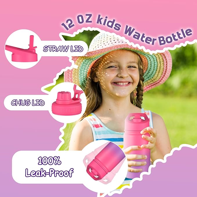 Mininoo Insulated Kids Water Bottle, 12 oz Stainless Steel Water Bottle Kids with Straw Lid and Chug Lid for Girls, Boys (Punch/Purple)