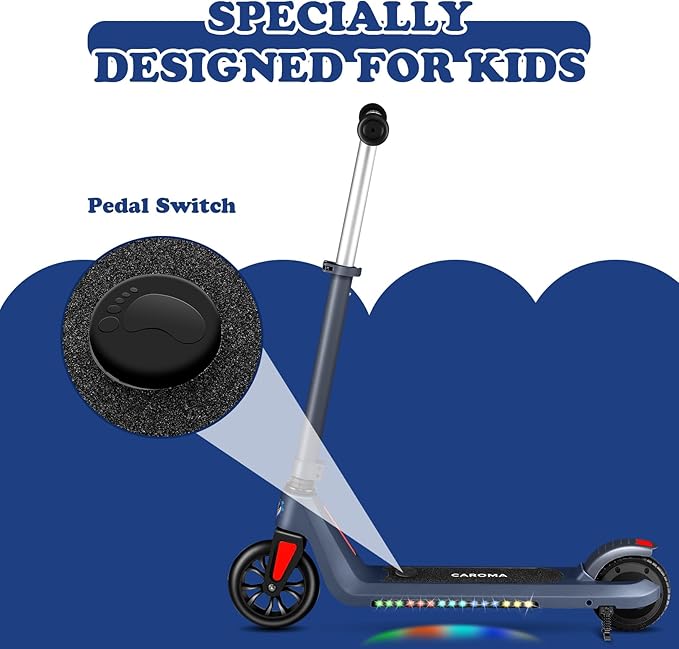 Caroma Electric Scooter for Kids Ages 6-14, 150W/180W Motor,10 MPH Max Speed & 7 Miles,Adjustable Height & Speed,Colorful Lights,LED Display,Foldable Kids Electric Scooter 132 Lbs Max Load
