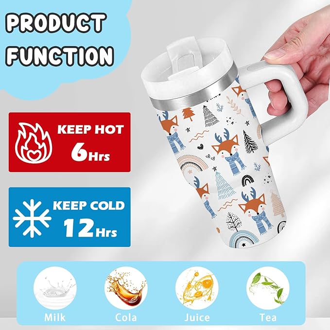 Fox Gifts for Girls - 14oz Kids Forest Red Fox Tumbler with Handle and Straw, Stainless Steel Insulated Water Bottle, for Sport, School, Travel - Animal Lovers Children Birthday Gifts Cups(1pc)