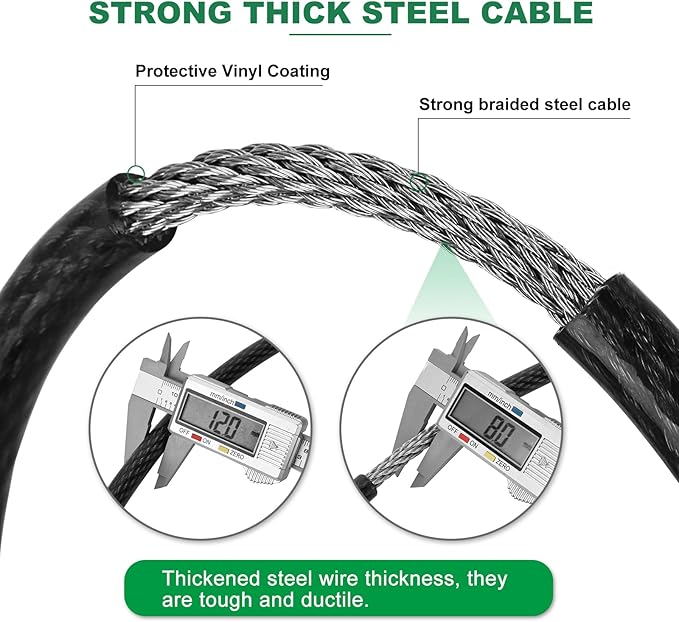 10 ft x 1/2" Heavy Duty Cut-Proof Security Cable | Flexible Vinyl-Coated Braided Steel with Looped Ends | Weatherproof Anti-Theft Locking Cable for Bikes, Gates, Kayaking & Outdoor Equipment
