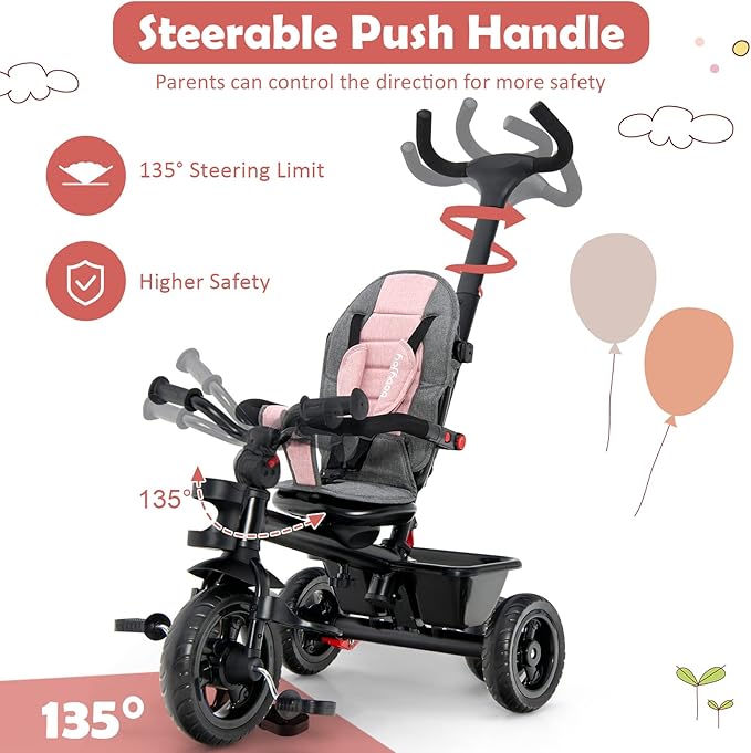 BABY JOY Tricycle, 5 in 1 Toddler Bike W/Removable Push Handle, Reversible Seat, EVA Wheel, Adjustable Canopy, Cup Holder & Storage, Ideal for Kids 1.5-5 Years Old, Tricycle for Toddler (Pink)