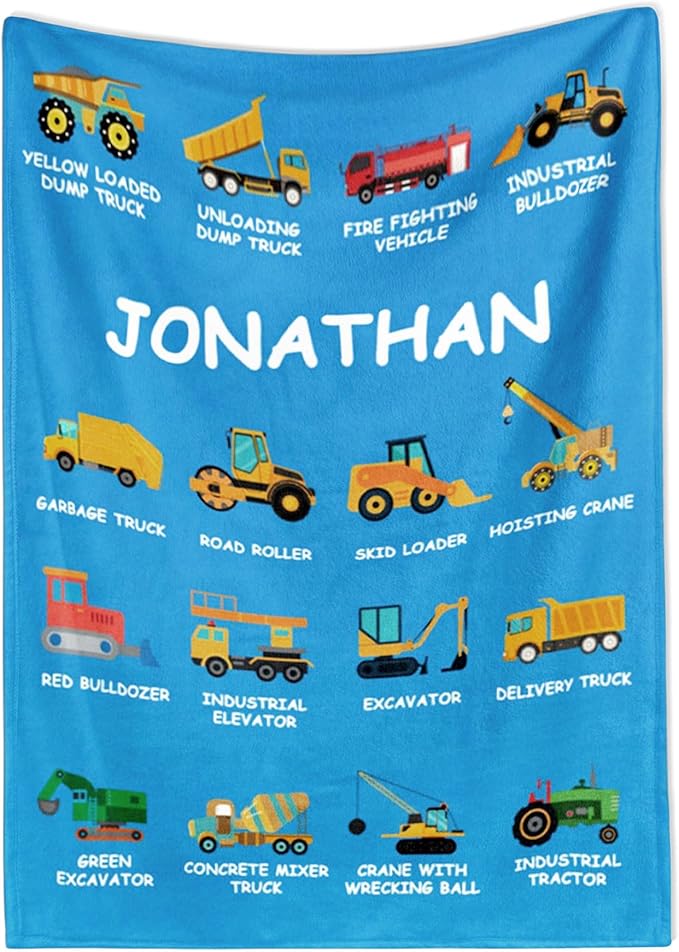 Personalized Truck Blankets for Kids, Custom Name Truck Throw Blanket for Baby, Boys, Soft Cozy Warm Flannel Plush, Christmas Birthday Gifts for Toddler