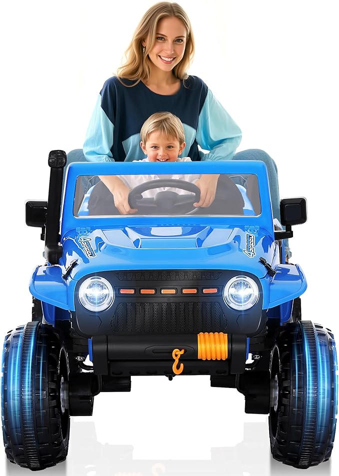 24V 4WD Ride on Jeep for Kids, Electric Ride on Car with Remote Control, LED Lights, Bluetooth Music, Off-Road Power Wheels, Toy Gift for Boys & Girls Ages 3+, Blue