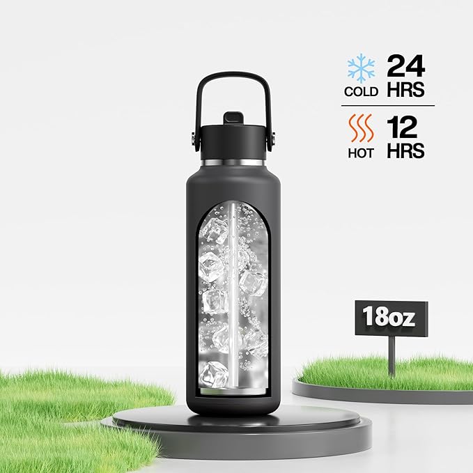 POWCAN 18 oz Kid Water Bottle with Straw: Leakproof, Lightweight, Top Handle, Flex Cap, Vacuum Insulated Water Bottle for Sport, Outdoors, Running, Camping, Home, Hiking, School, Workouts (Stone Gray)