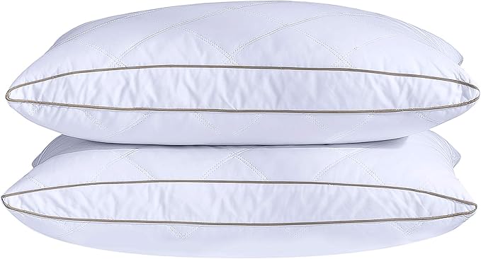 puredown® Natural Goose Down Feather Pillows for Sleeping Oval Gusseted Feather Down Pillow 100% Cotton Pillow Cover with Leaf Quilting King Set of 2