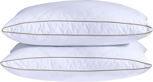 puredown® Natural Goose Down Feather Pillows for Sleeping Oval Gusseted Feather Down Pillow 100% Cotton Pillow Cover with Leaf Quilting Standard Set of 2