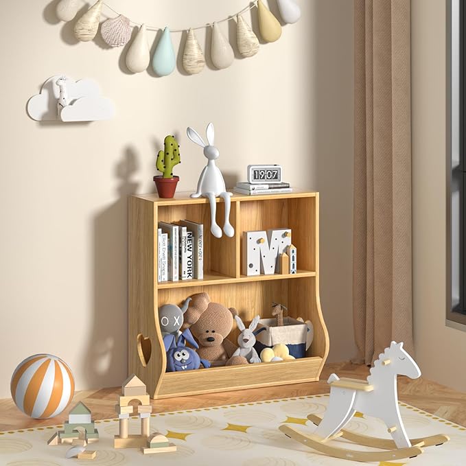Lerliuo Baby Toddler Bookshelf and Storage Organizer, Kids Cabinet and Bookcase, Wooden 3 Cubby Children Book Shelf for Playroom, Bedroom, Nursery, School 23.62'' H (Natural)