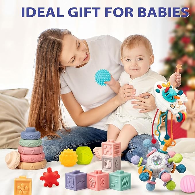 Baby Toys 6 to 12 Months, 5 In 1 Montessori Toys for 1 Year Old, Incl Travel Pull String Toy & Rattle Teether & Stacking Baby Block & Soft Infant Ring & Sensory Ball for Toddler 0-3-6-9-12 Month