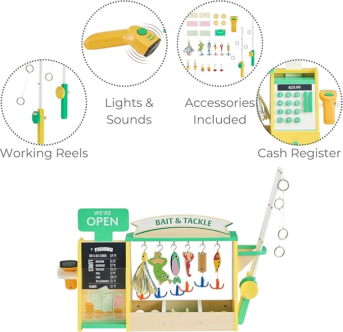 Teamson Kids Fishing Shop Playset with Cash Register & Scanner, Wooden Role Play Counter for Toddlers, Pretend Market Toy with Fish & Accessories, STEM Gift for Ages 3+