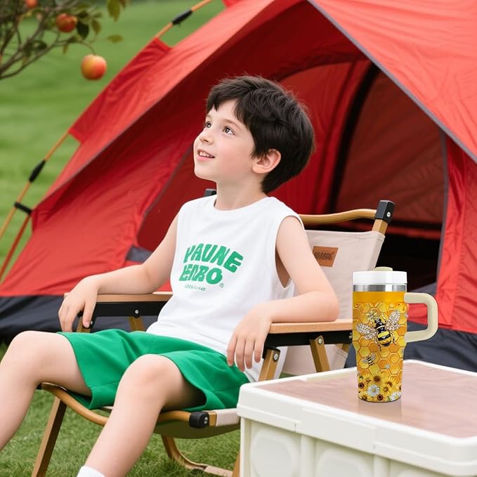 14oz Bee Tumbler with Handle, Stainless Steel Insulated Cup with Lid and Straw Personalized 14 OZ Bee Tumblers Gifts for Women Men