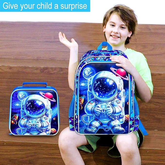 16" Space Backpack for Boy, 3Pcs Astronaut Bookbag for Elementary Preschool Kindergarten, Kids School Backpacks with Lunch Box (Blue)