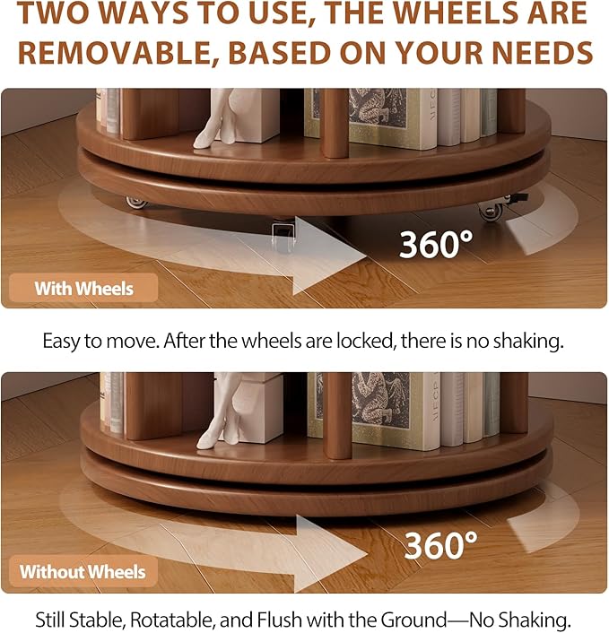 Solid Wood Rotating Bookshelf on Wheels, 6 Tier, Round Revolving Bookcase, 360° Spinning Book Shelf Tower for Kids, Narrow Rolling Bookshelves for Small Space, Corner, Bedroom, Office, Walnut