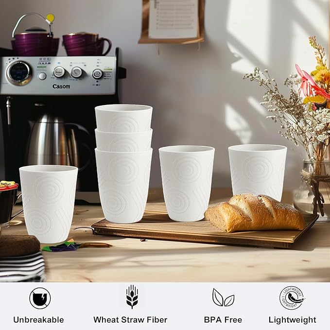 Drinking Glasses - Wheat Straw Cups Unbreakable Plastic Tumbler Set of 6 Alternative to Plastic Glasses Drinking Reusable Drinking Cup Dishwasher Safe Water Glasses Cups 12 OZ - White