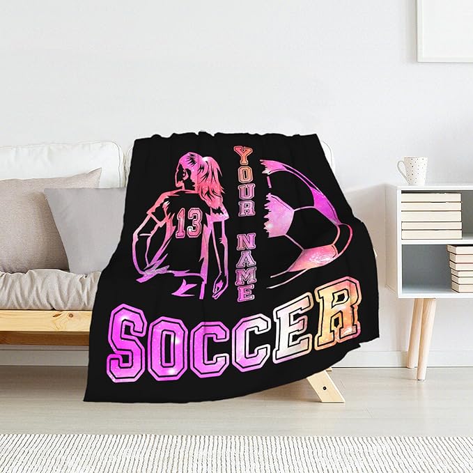 Personalized Soccer Throw Blanket with Name - Soft, Fuzzy & Warm - 50x60 Inches Throw Size Blanket for Couch, Office - Black Soccer Gifts for Girls, Women