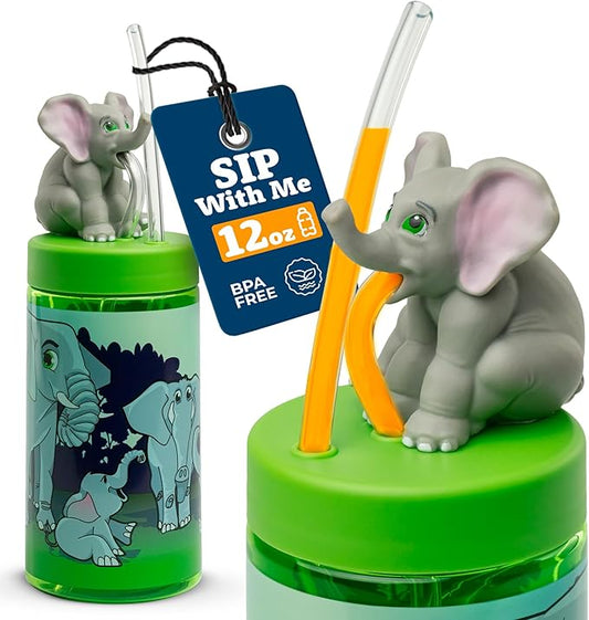 Kids Water Bottle, Toddler Cups, Tumbler with Lid and Straw, Travel Sippy Cup for Water or Milk, Kids Cups with Lids for Toddlers 3 and Up, BPA Free Plastic, 12 oz (Trend Zoo Elephant)