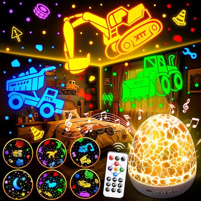 Pikoy Construction Excavator Toys【15 Sounds & 6 Films】Truck Toys for Ages 5-7[31 Colors & Remote Control] Dinosaur Egg Light for Nursery Toddler Boys Birthday Gifts,Kids Christmas Gifts 1-8 Years Old