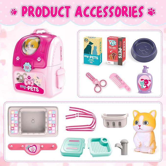 Shemira Toys Gifts for 1 2 3 4 5 6 Year Old Girl, Toddler Girl Toys, Pet Care Pretend Toys for Kids, Pet Care Playset for Kids with Toy Cat & Storage Backpack
