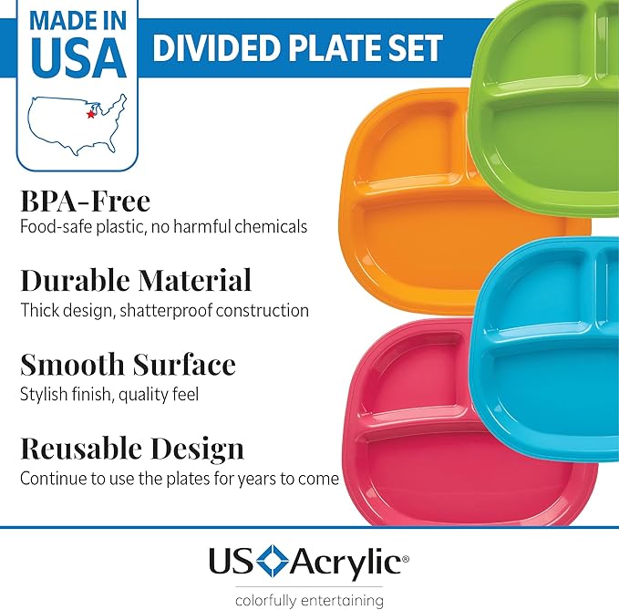 US Acrylic Harmony 3-compartment Divided Plastic Kids Tray in 4 Calypso Colors | set of 12 Reusable, BPA-free Plates, Made in the USA, Microwave & Dishwasher Safe Dinnerware