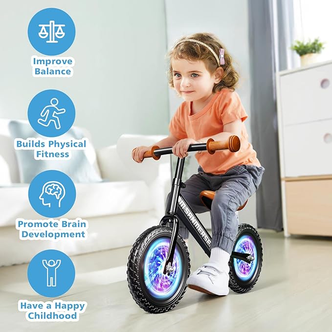 Colorful Lighting 12 Inch No Pedal Balance Bicycle Bike for Kids,Age 24 Months to 5 Years Old Lightweight Steady Balancing Bike with Adjustable Handlebar&Seat,Birthday Gift for 2 3 4 5 Year Old