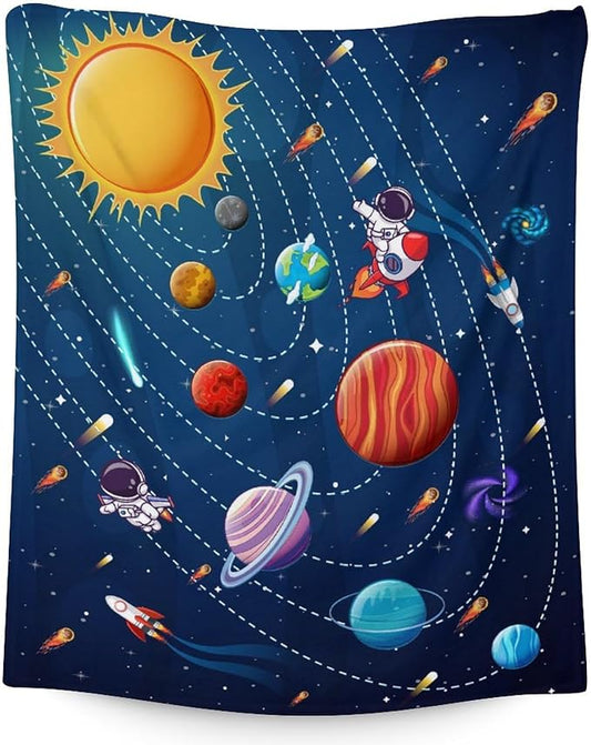 Planet Blanket Gifts - 60x50 Inches Cute Planets Throw Blanket for Kids, Boys & Men - Black Soft Fuzzy Blankets for Bed, Couch & Travel