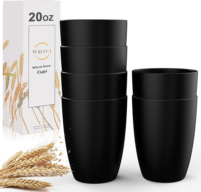 Wheat Straw Cups 6 PCS Good Alternative to Plastic Reusable Cups 20 oz Unbreakable Drinking Cup Reusable Dishwasher Safe Water Plastic Glasses Black