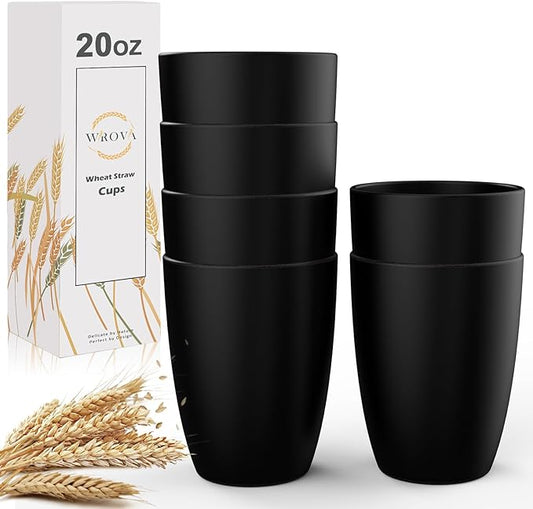 Wheat Straw Cups 6 PCS Good Alternative to Plastic Reusable Cups 20 oz Unbreakable Drinking Cup Reusable Dishwasher Safe Water Plastic Glasses Black