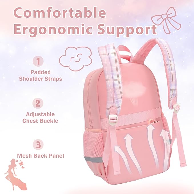 School Backpack for Girls Kids Bookbag for Elementary Middle School Casual Travel Daypack Teen Backpacks Pink