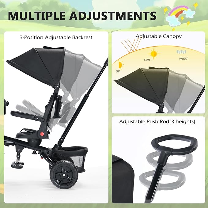 Kinder King Kids Tricycle, 7 in 1 Folding Toddler Trike w/Adjustable Push Handle, Rotatable Seat, Adjustable Canopy, Safety Harness, Storage, Toddler Stroller Bike for Age 6 Months+,Black