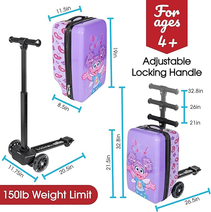 KIDDIETOTES Sesame Street 4-in-1 Detachable Scooter Luggage for Kids – Abby Cadabby – Ride-On Suitcase with Removable Luggage Body, Adjustable Handlebar, Durable Deck & Brake – Carry-On Travel Bag