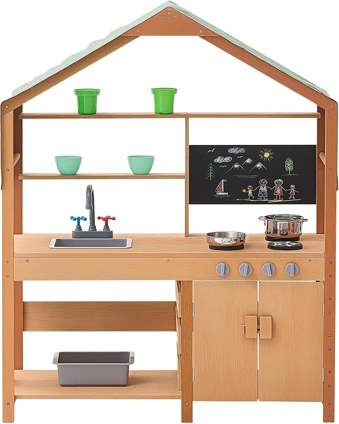 VEVOR Mud Kitchen with Canopy, Fir Wood Play Kitchen for Toddlers with Accessories, Mud Kitchen for Kids Outdoor Backyard with Stoves, Planter Boxes, 2 Sink, Faucet, Blackboard, Cookware Pot