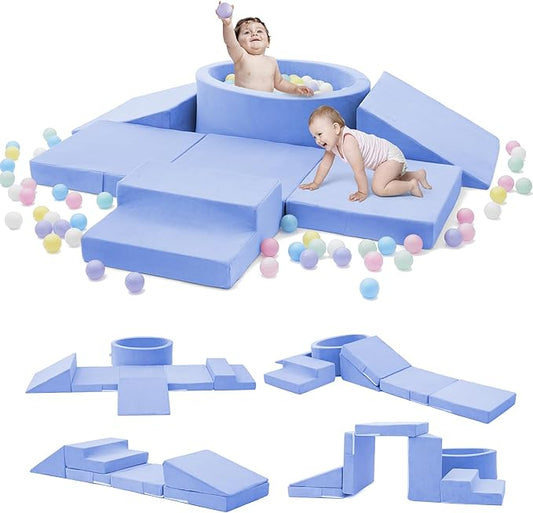 Foam Climbing Blocks with Ball Pit & Stairs for Toddlers Aged 1-3 -Soft Playset for Indoor Crawling, Foam Playground Set for Baby to Active Playing Inside -(Balls NOT Included),Light Blue