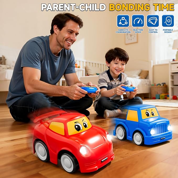 Remote Control Car 2 Year Old, Toddler RC Cars Ages 2-4 Boy, 2-Pack 2.4 GHz Truck and Race Car with Sound and Light, Easy Electrical Remote Control Toy Gifts for Boys Girls 3 4 5+ Year Old