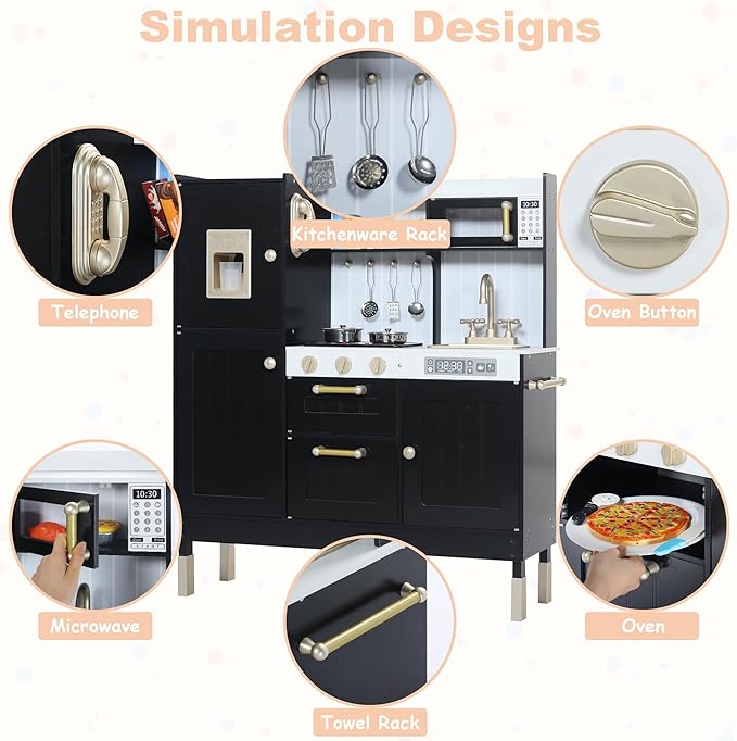 Play Kitchen for Kids, Wooden Kids Kitchen Playset with Realistic Sounds, Children Pretend Toy Kitchen Playset w/Stove, Oven & Ice Maker, Little Chef Play Kitchen for Girls and Boys, Black