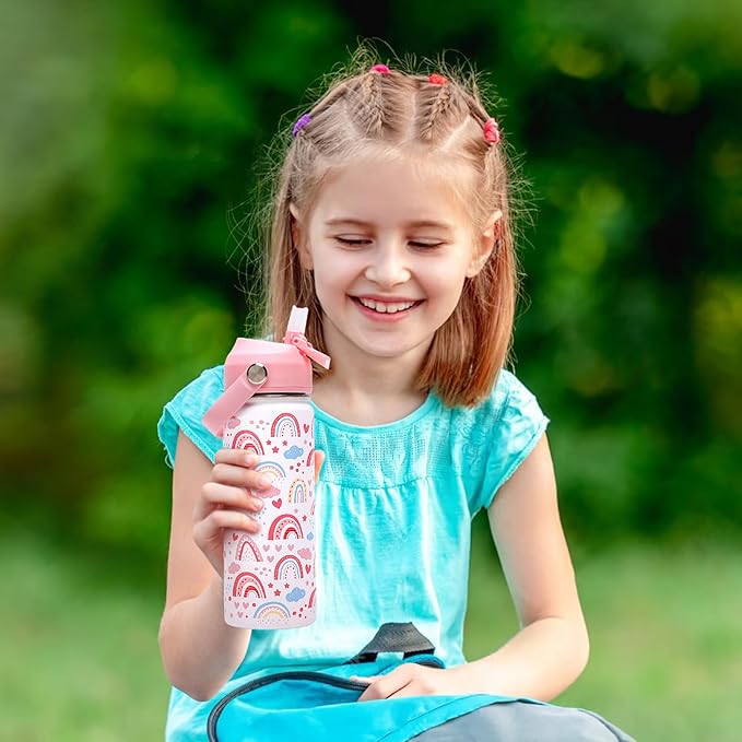 18oz Kids Insulated Water Bottle with Straw Lid - 18/8 Stainless Steel Kid Cup BPA-FREE Travel Tumbler Double Wall Vacuum Leak Proof Portable Toddler Water Bottle(Rainbow)